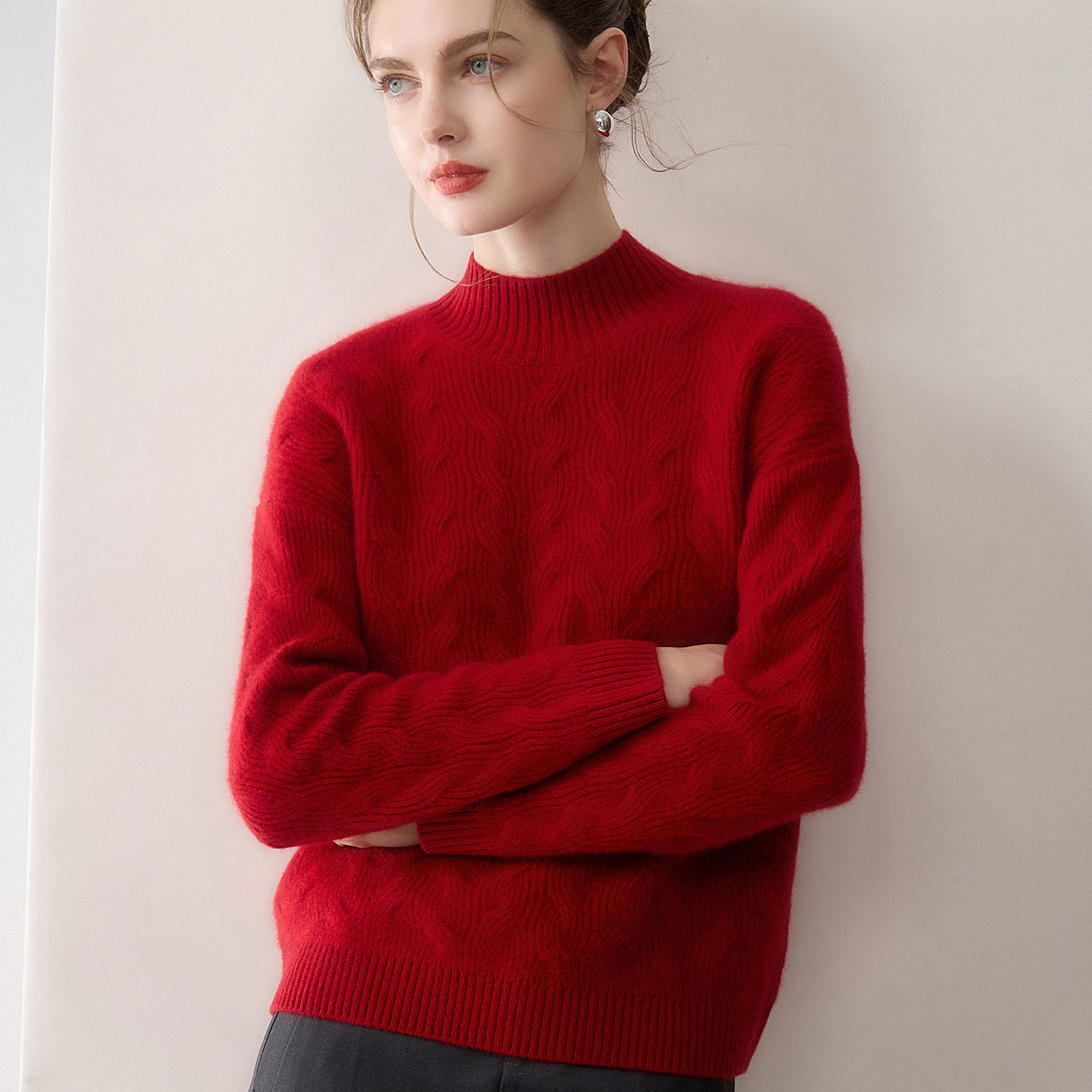 Z.M.R 复古老钱风 加厚100%纯山羊绒衫女针织半高领宽松绞花毛衣,淘宝优惠券,粉丝福利购,淘宝优惠卷