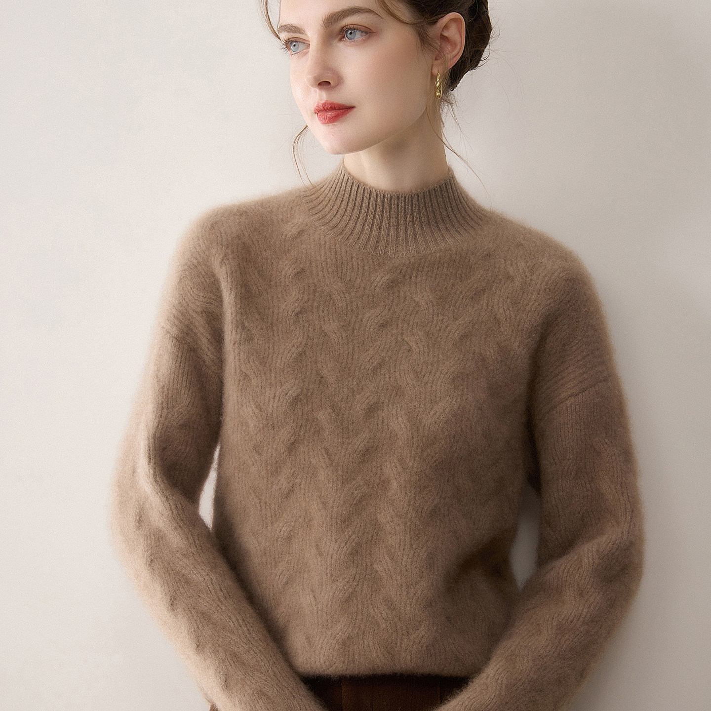 Z.M.R 复古老钱风 加厚100%纯山羊绒衫女针织半高领宽松绞花毛衣,淘宝优惠券,粉丝福利购,淘宝优惠卷