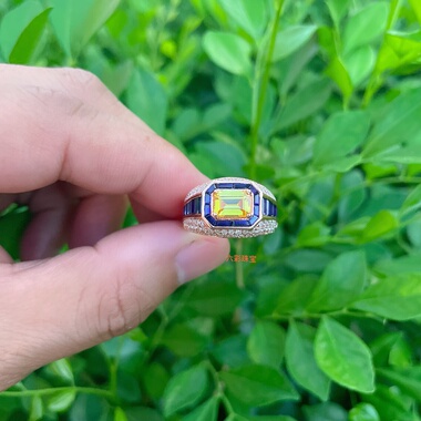 蓝宝石男士豪华戒指pt950铂金霸气彩金仿真钻戒18k白金可定莫桑石