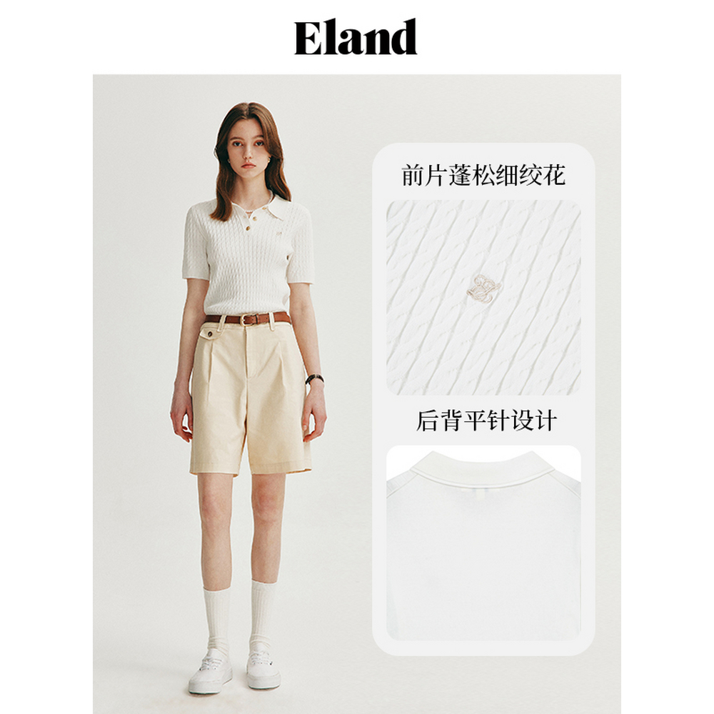 【棉棉冰】Eland衣恋POLO衫女绞花针织短袖毛衣T恤新款