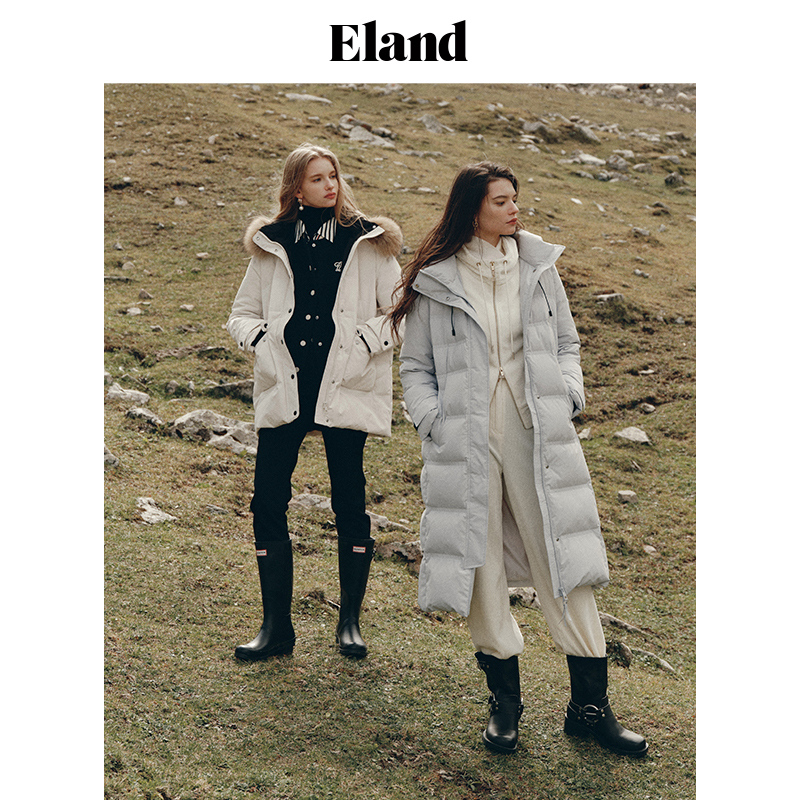 【保暖鹅绒】Eland衣恋羽绒服女长款连帽毛领气质外套冬