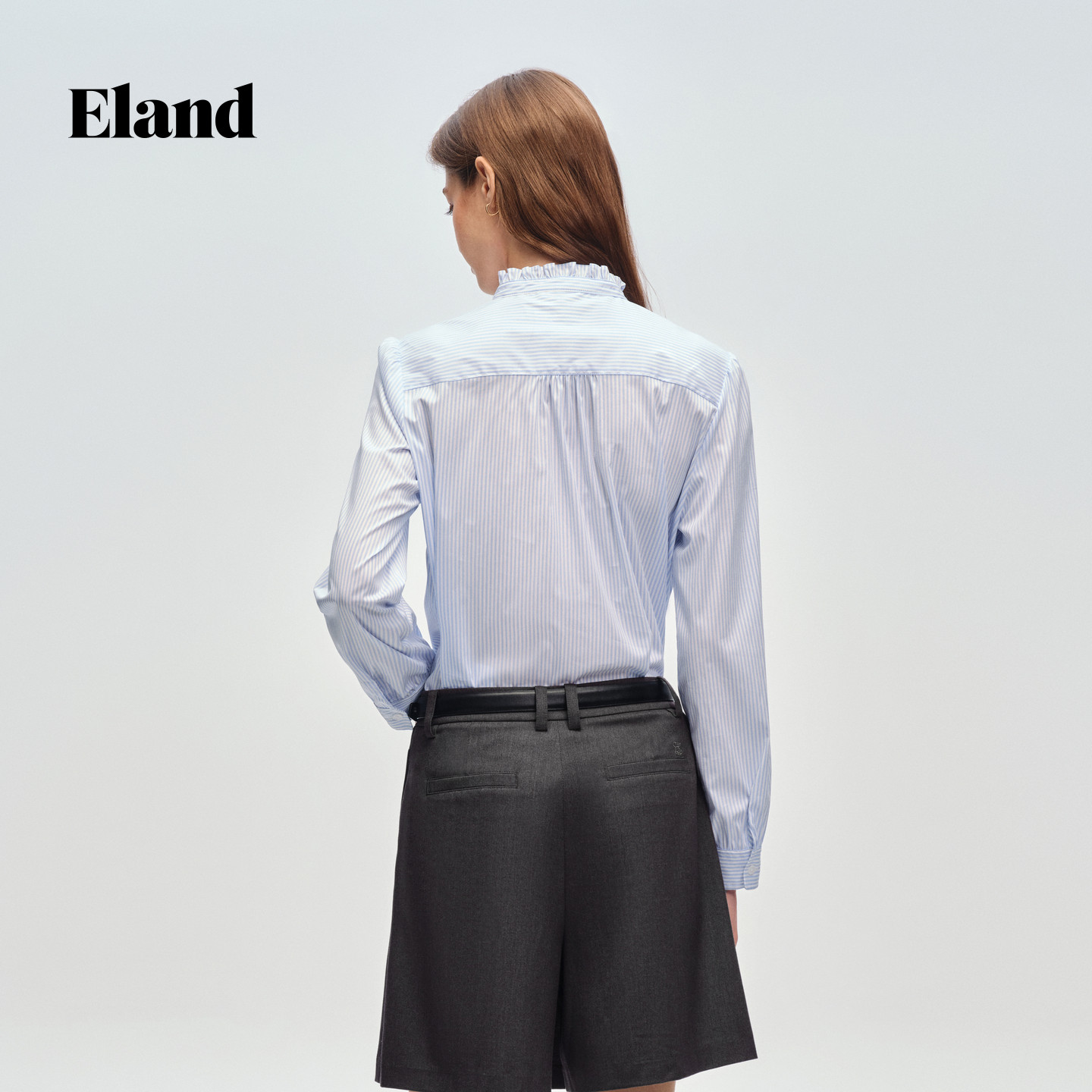 Eland衣恋衬衫女气质荷叶领棉质长袖格纹通勤上衣2026春季新款