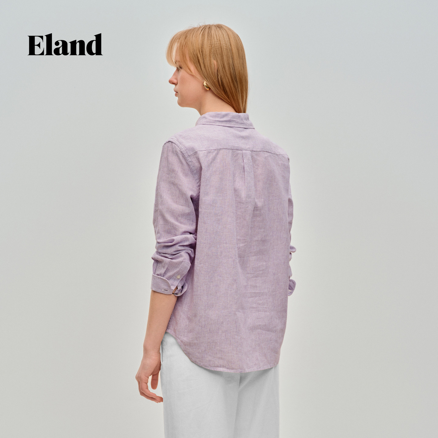 【亚麻】Eland衣恋衬衫女休闲条纹翻领长袖修身条纹上衣26夏新款