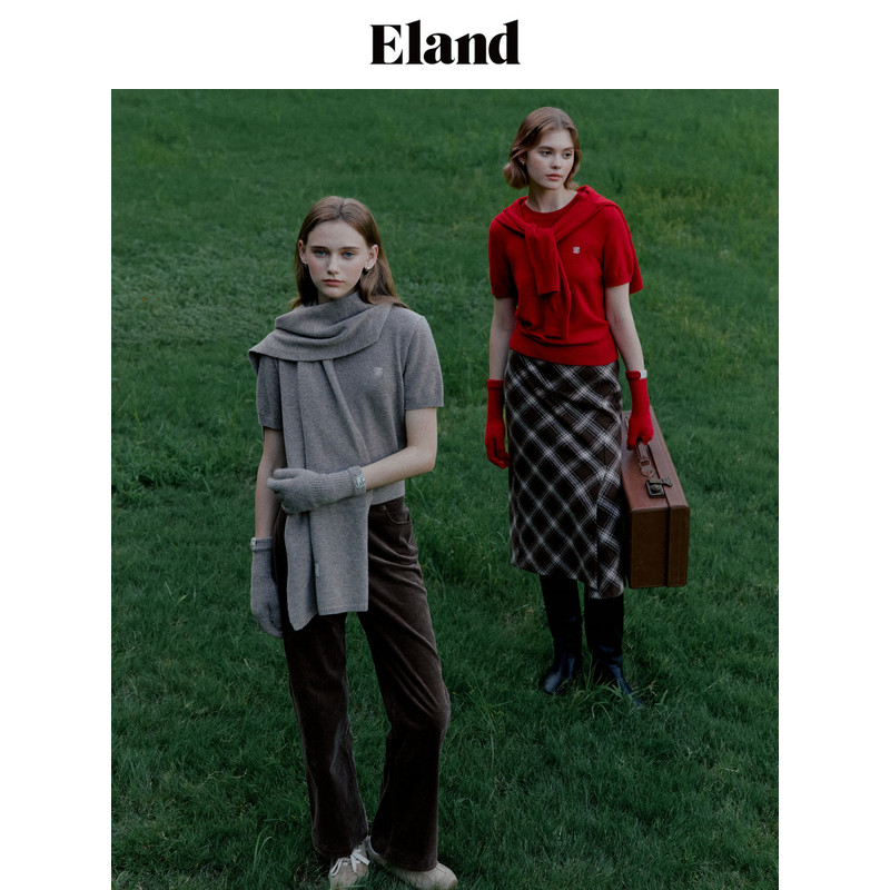 【含绵羊毛】Eland衣恋直筒裙女H型格纹下摆开衩半身裙款