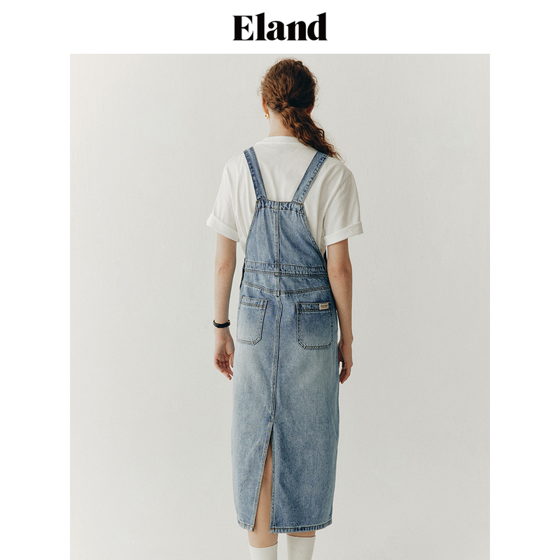 Eland衣恋连衣裙女夏季H版型美式复古背带牛仔连衣裙