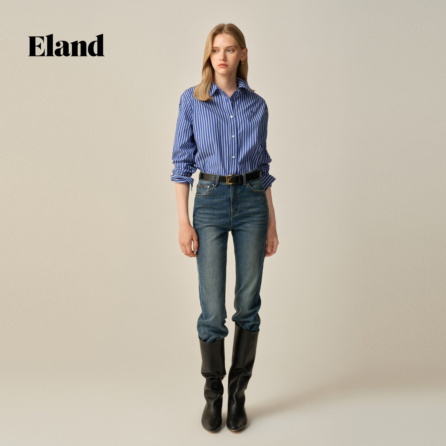 Eland衣恋衬衫女时尚条纹长袖翻领棉质上衣2025冬季新款
