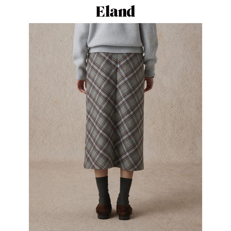 【含绵羊毛】Eland衣恋直筒裙女H型格纹下摆开衩半身裙款