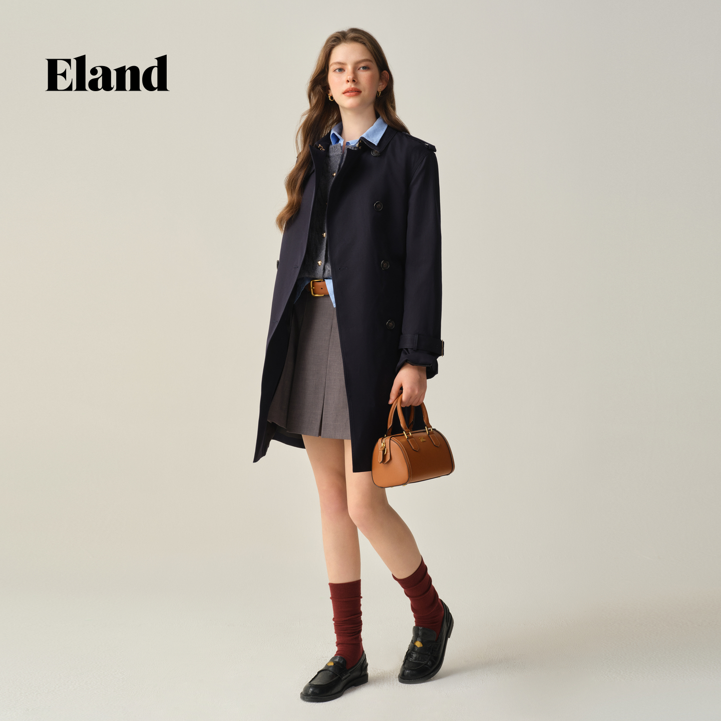 【无氟防水】Eland衣恋经典时尚风衣女双排扣宽松外套2025冬新款