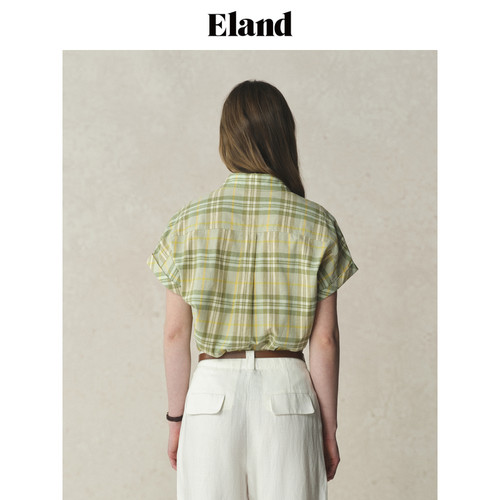 【法国亚麻】Eland衣恋衬衫女格纹连肩袖卷边短袖夏季淡人 - 图1
