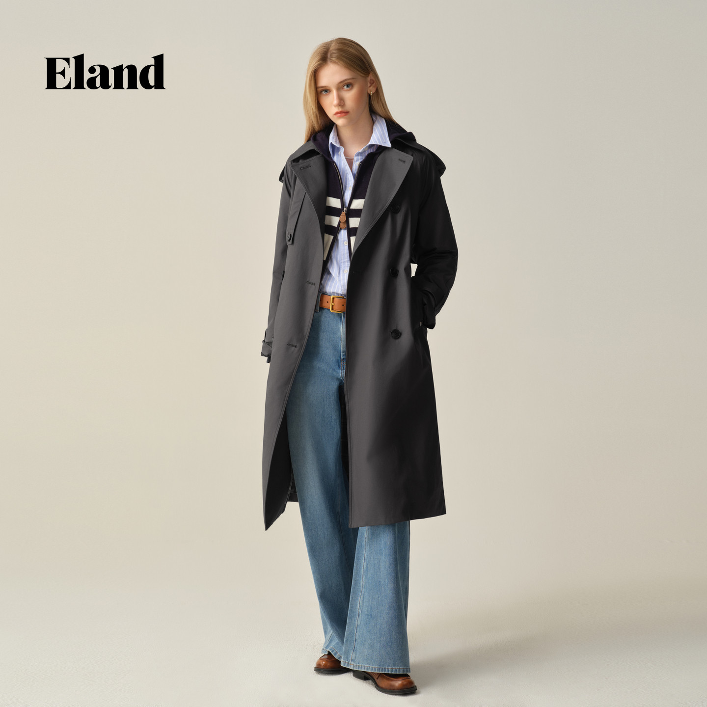 【特氟龙三防】Eland衣恋风衣女英伦风双排扣外套2025秋季新款