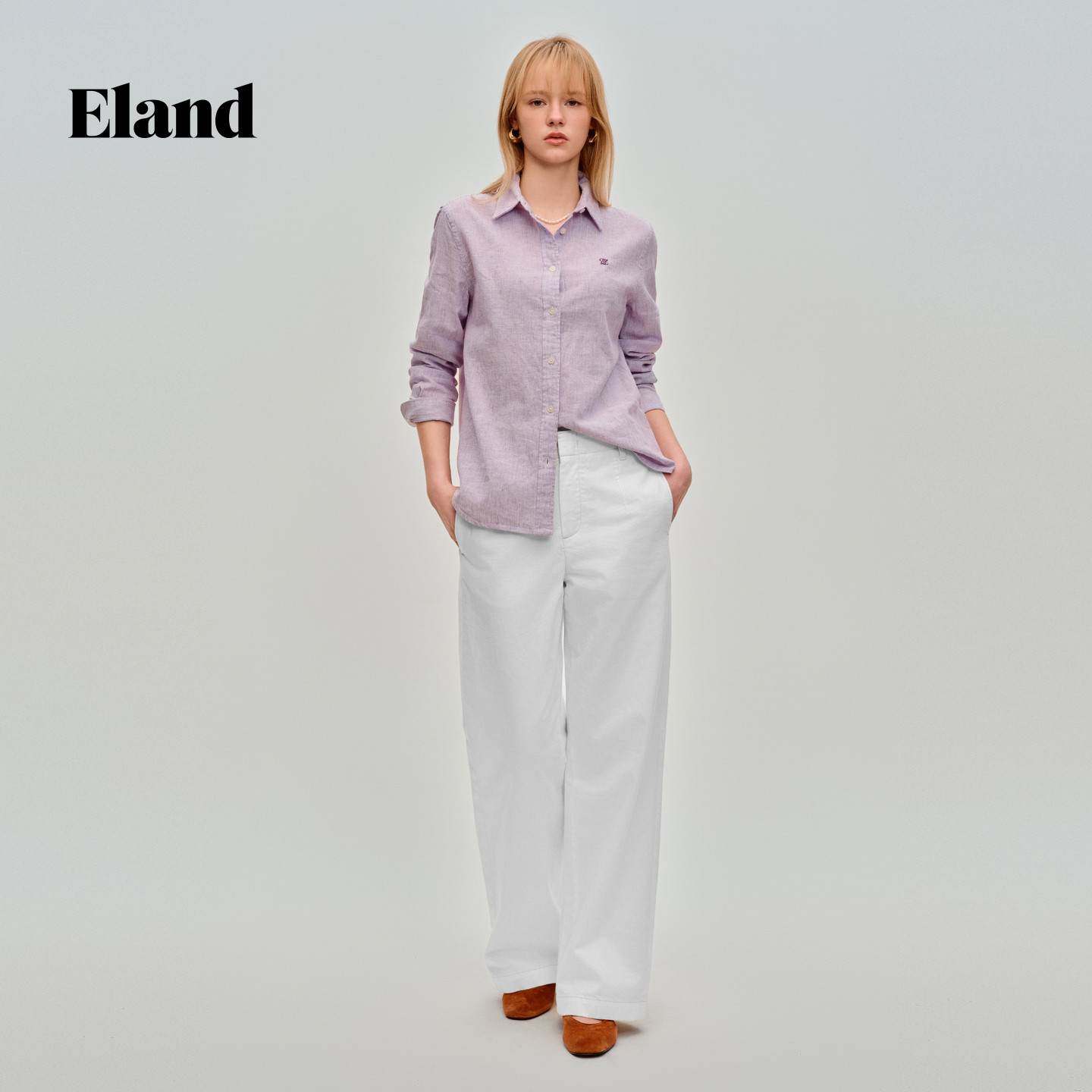 【亚麻】Eland衣恋衬衫女休闲条纹翻领长袖修身条纹上衣26夏新款