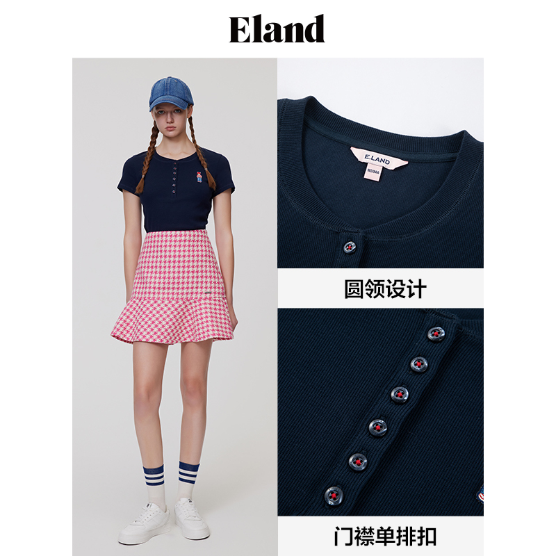 Eland衣恋短袖T恤圆领修身学院风上衣女士年夏季 - 图2