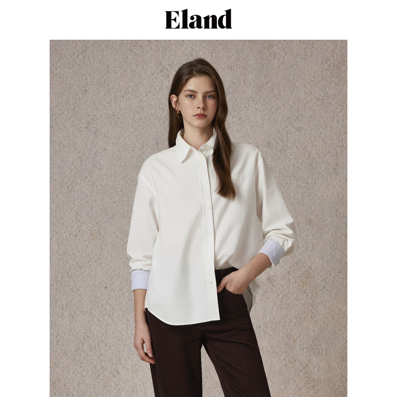 【100%棉】Eland衣恋衬衫女学院风翻领系扣衬衣通勤上衣