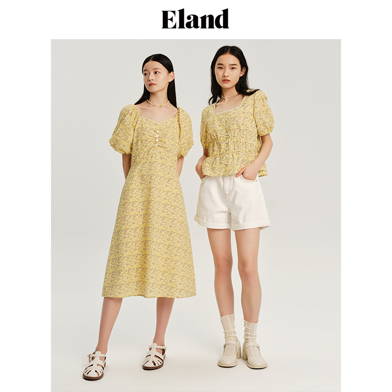 【商场同款】Eland衣恋柔美压纹感碎花连衣裙夏季V领设计 - 图0