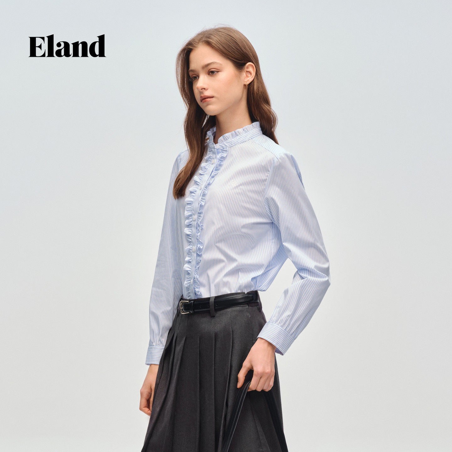 Eland衣恋衬衫女气质荷叶领棉质长袖格纹通勤上衣2026春季新款