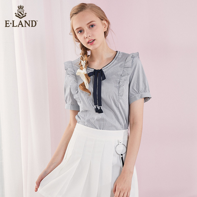 eland秋装可爱韩版荷叶边花边条纹 ELAND衬衫