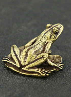 仿古纯黄铜荷叶青蛙莲子茶宠小摆件镇纸顶呱呱连生贵子手把件