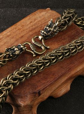 复古做旧霸气龙头麻花链长链条古黄铜双头龙麒项链腰挂链包包