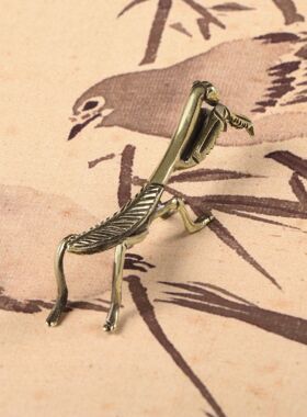 黄铜小螳螂仿古董摆件实心铜仿古玩昆虫茶宠微雕手把件