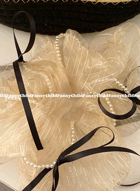 Fanxy甜妹组!奶油芭蕾风发饰珍珠欧根纱大肠圈奶黄色蝴蝶结发箍