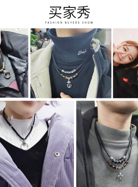 项链男日韩版潮人个性学生男士脖颈链皮质钛钢饰品挂吊坠子