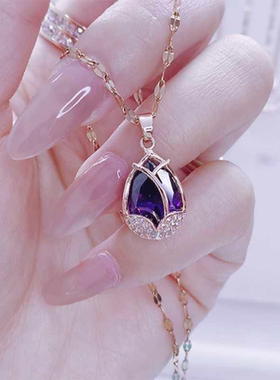 紫色郁金香项链女网红百搭锁骨链钛钢吊坠感潮
