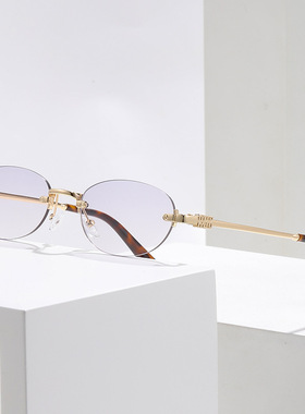 变色无框眼镜女韩版复古跨境潮流圆防蓝光平光镜架高级感时尚眼镜