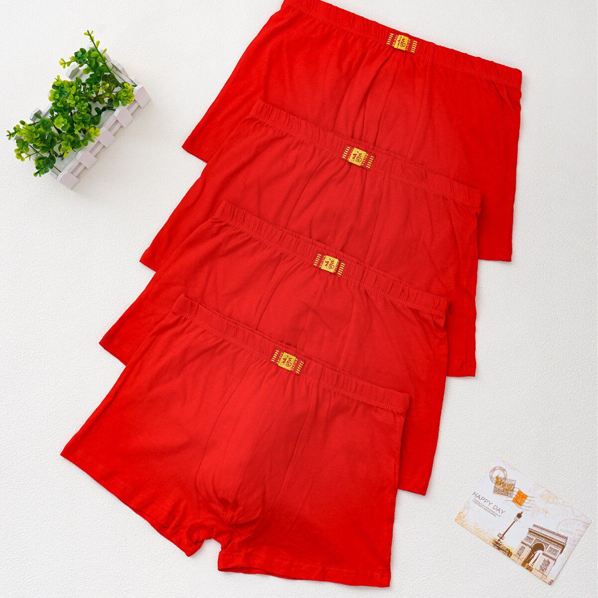 本命年红色内裤平角男士内衣喜庆大红结婚四角底裤红色裤衩加大