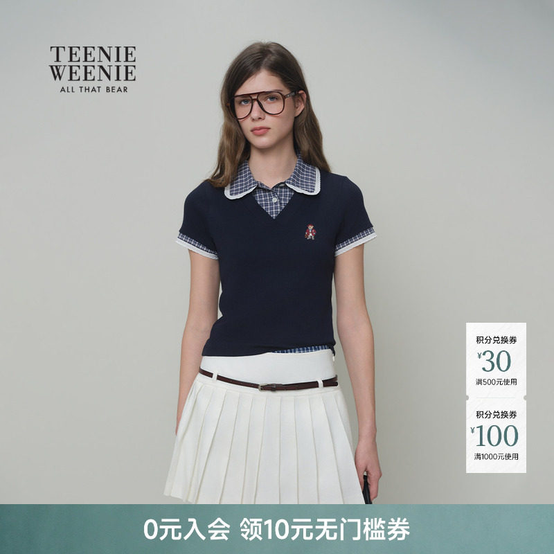 TeenieWeenie小熊女装T恤26春夏款格纹拼接翻领假两件短袖POLO衫