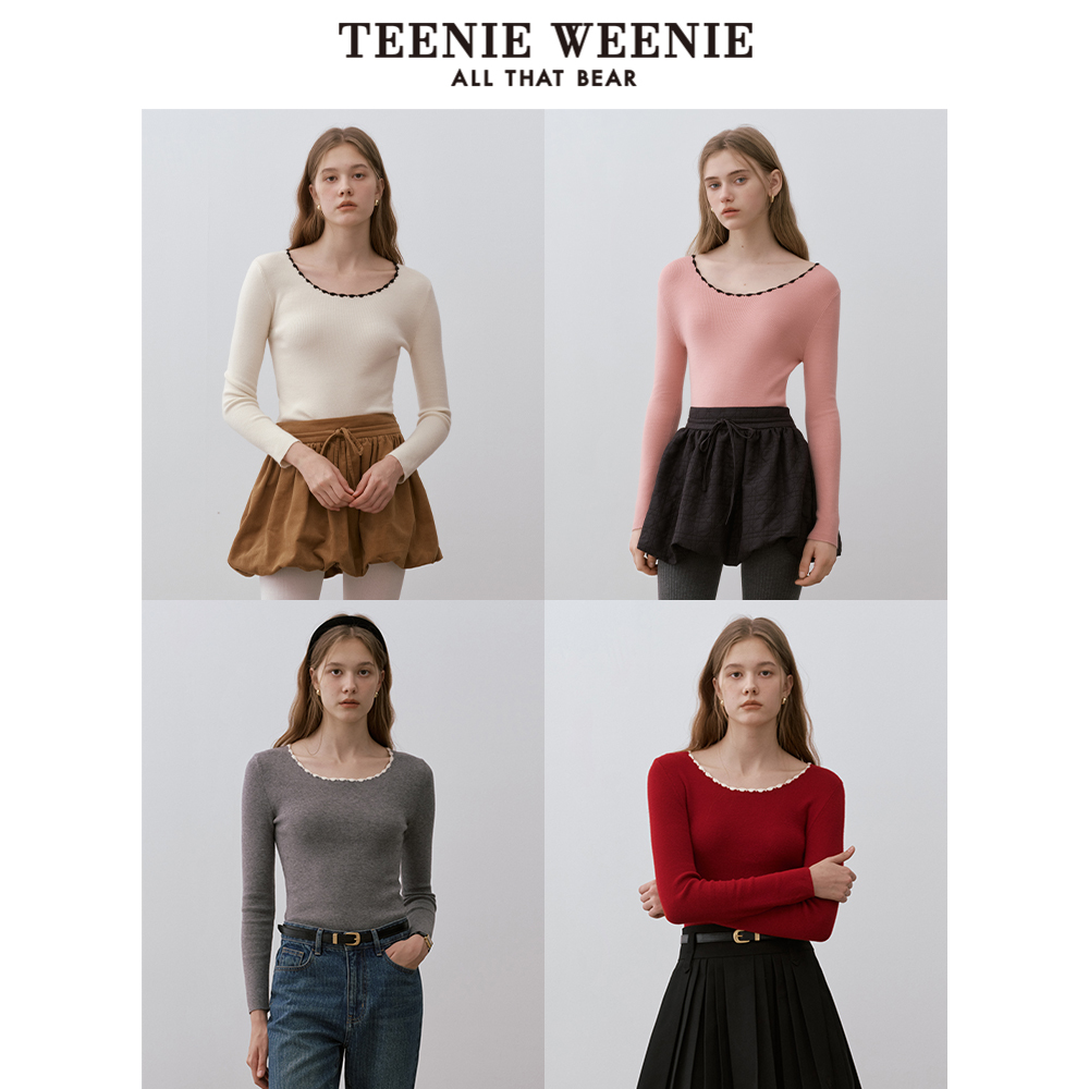 TeenieWeenie小熊女装毛衣秋季时尚花边圆领刺绣简约休闲舒适上衣 - 图3