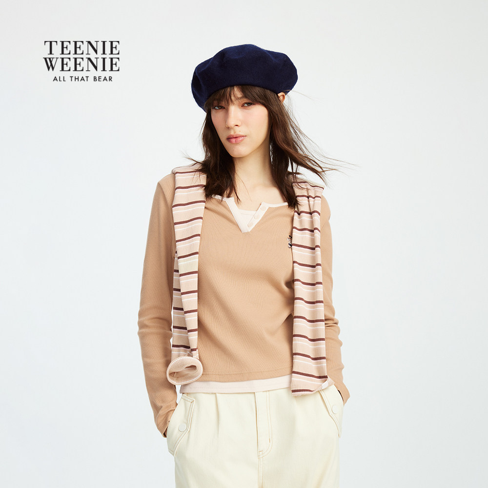 TeenieWeenie小熊女装长袖T恤秋冬季假两件拼接亨利领打底衫上衣,淘宝优惠券,粉丝福利购,淘宝优惠卷