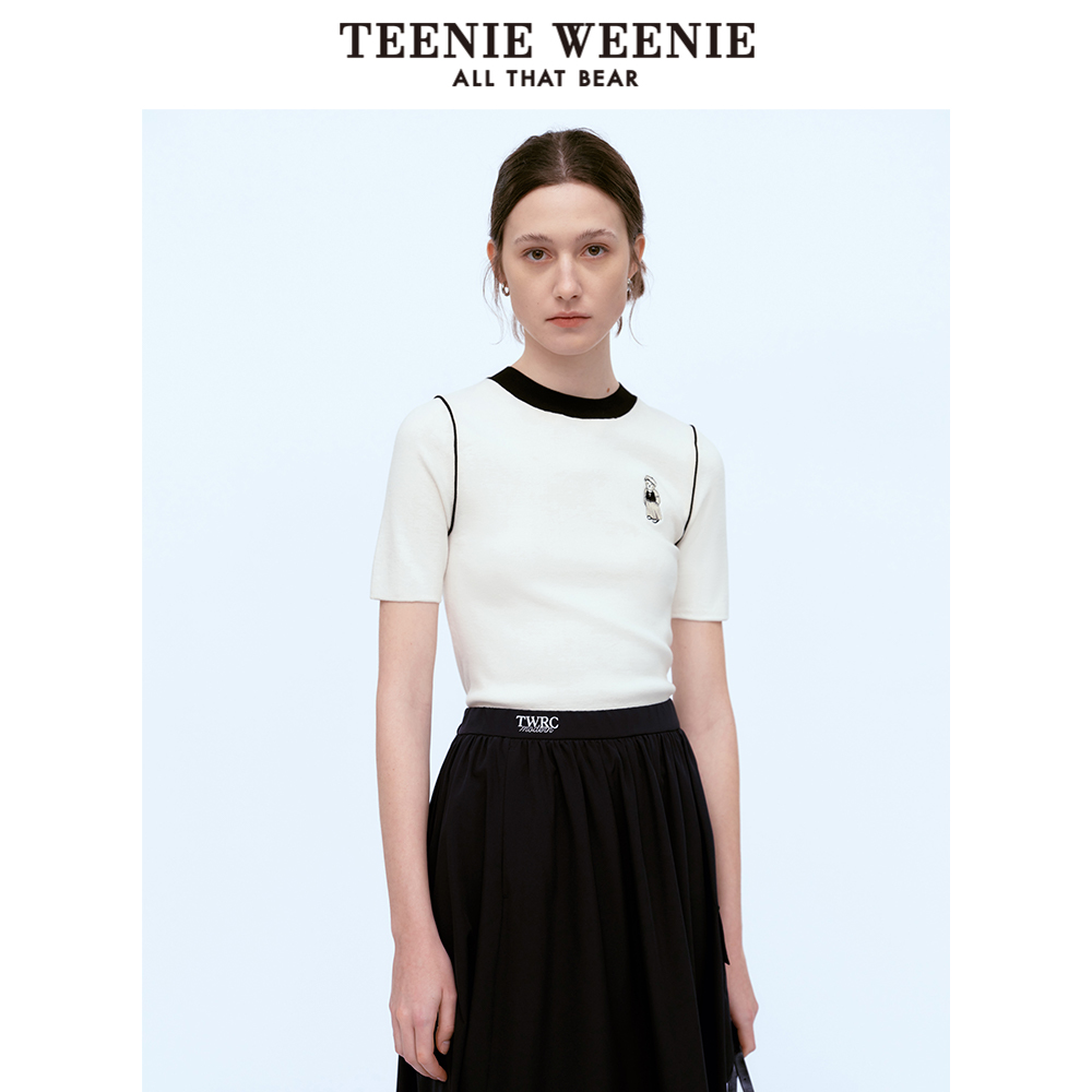 TeenieWeenie小熊女装2024新款夏装细条装饰短袖毛衣撞色领针织衫