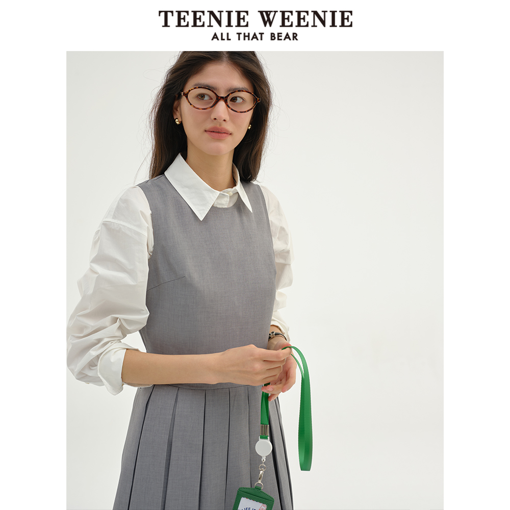 TeenieWeenie小熊2024新款女装学院风长款连衣裙黑色收腰百褶裙子