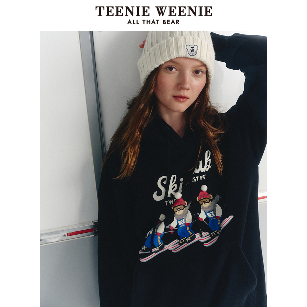 TeenieWeenie小熊冬季连帽加绒保暖加厚套头灰色卫衣宽松上衣女士