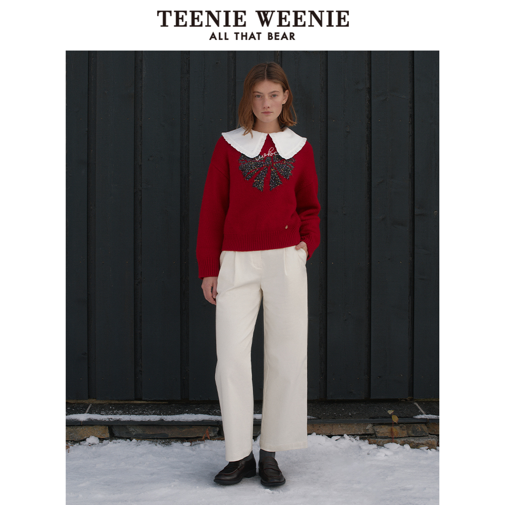 TeenieWeenie小熊红色毛衣女2024冬季新款圆领新年时尚套头针织衫