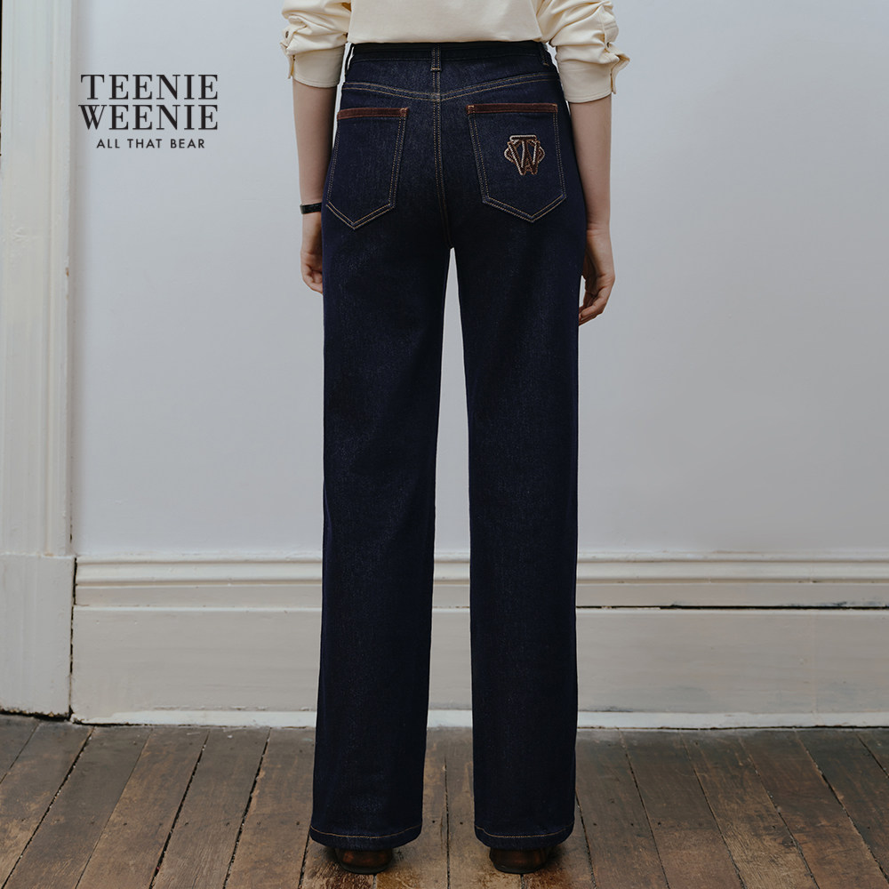 TeenieWeenie小熊女装牛仔裤2025秋季新款休闲灯芯绒拼接直筒长裤