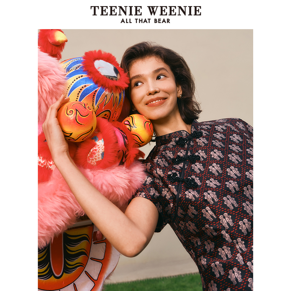 【新中式】TeenieWeenie小熊新款好事成双立领旗袍收腰连衣裙女装-图0