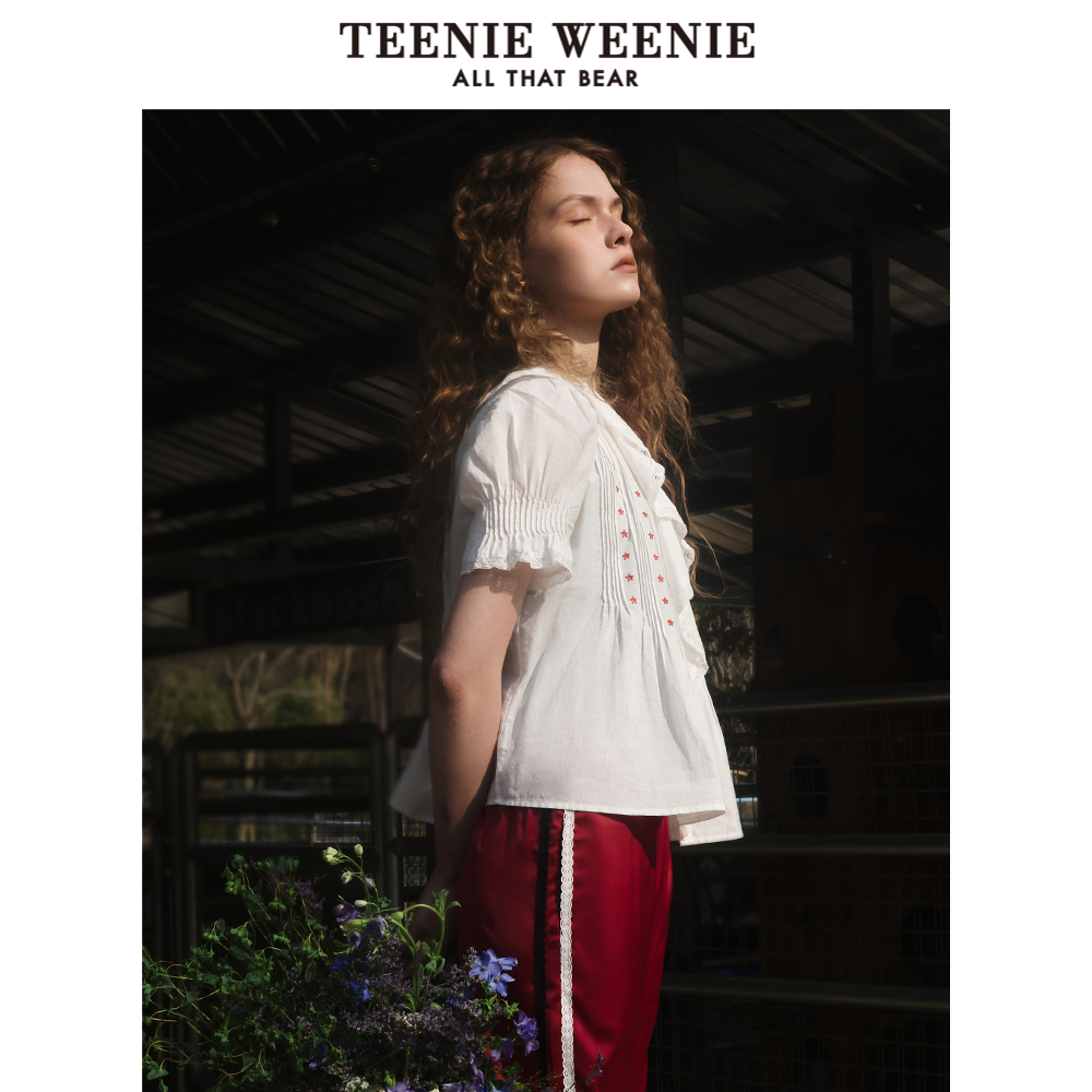 TeenieWeenie小熊女装短袖衬衫2025夏季新款法式泡泡袖荷叶领上衣