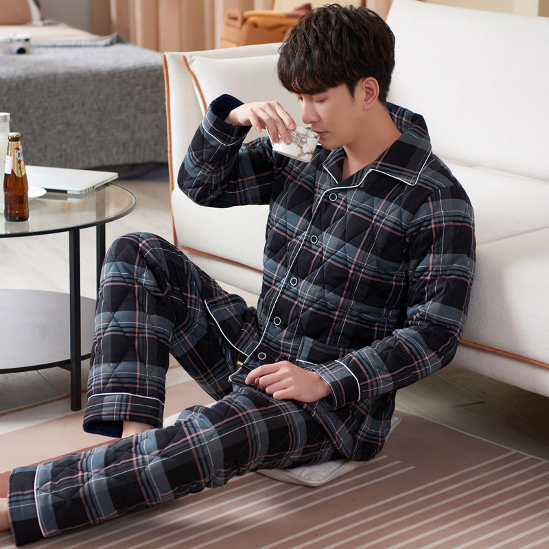 男士睡衣秋冬季纯棉加厚夹棉袄格子三层湖南省服可外穿家居服套装,淘宝优惠券,粉丝福利购,淘宝优惠卷