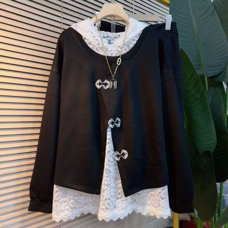 胖妹妹大码春季新款拼接蕾丝假两件套装女韩版洋气上衣裤子三件套,淘宝优惠券,粉丝福利购,淘宝优惠卷