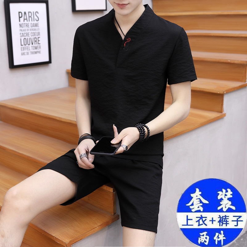 绿坝旗舰店中国风两件套男上衣中式民族服装短袖青年汉服唐装男装休闲潮套装2