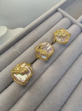 福利天然巴洛克珍珠戒指，铜镀金