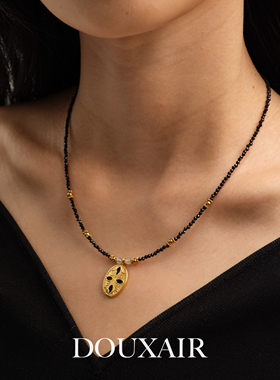 DouxAir天然黑尖晶石项链椭圆叠戴毛衣链小众复古串珠锁骨链时髦