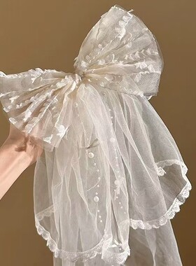 甜美米白色蕾丝蝴蝶结头纱儿童新娘拍照写真网纱发卡公主网红头饰