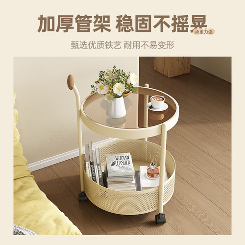 复古中古风可移动沙发边几阳台小茶桌高级床头侧边柜小茶几小推车 - 图0