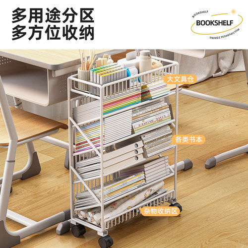 书架可移动桌边收纳架教室课桌旁学生放书本架子带轮置物架书立架 - 图3