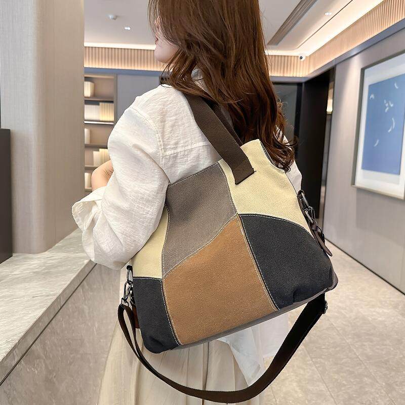 大包包帆布包女2024新款拼接撞色上班通勤质感中年手提单肩斜挎包,淘宝优惠券,粉丝福利购,淘宝优惠卷
