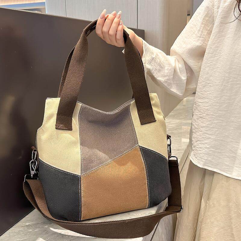 大包包帆布包女2024新款拼接撞色上班通勤质感中年手提单肩斜挎包,淘宝优惠券,粉丝福利购,淘宝优惠卷