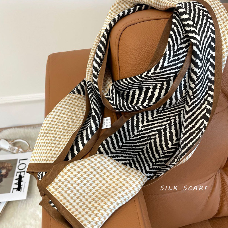 百搭款！斑马纹拼接千鸟格春秋女百搭真丝长条丝巾桑蚕丝装饰领巾,淘宝优惠券,粉丝福利购,淘宝优惠卷