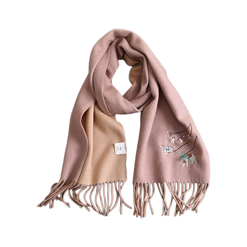 丹麦“惬意日子”100%美丽奴羊毛围巾双面双色小狗刺绣加厚保暖冬,淘宝优惠券,粉丝福利购,淘宝优惠卷